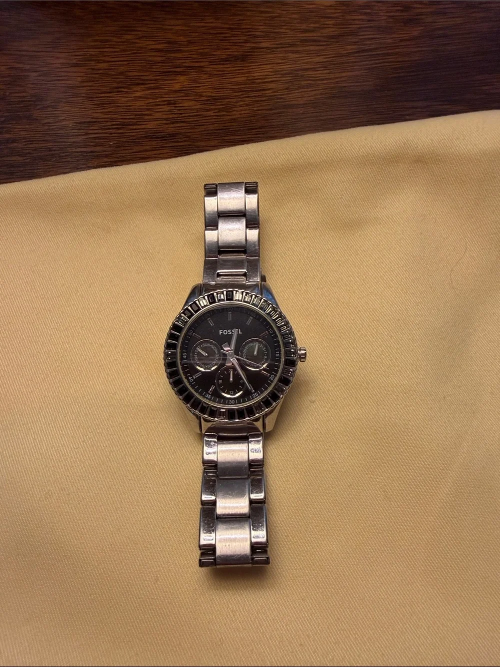 Fossil Silver Watch with Black Dial and Chronograph Subdials